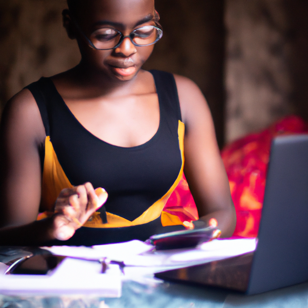 Femme africaine étudiant les finances sur ordinateur portable